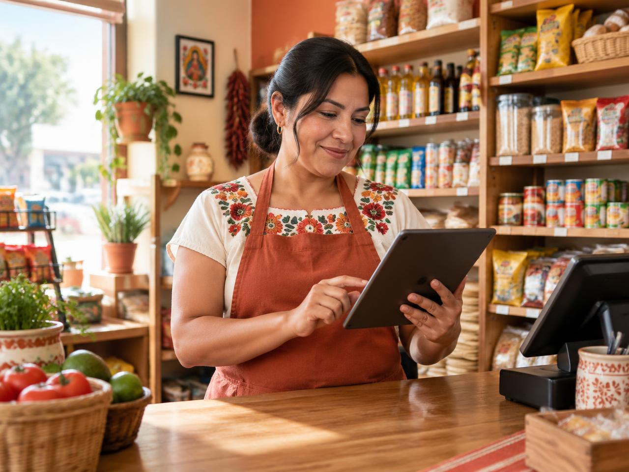 Dueña de un comercio revisando sus ventas en una tableta